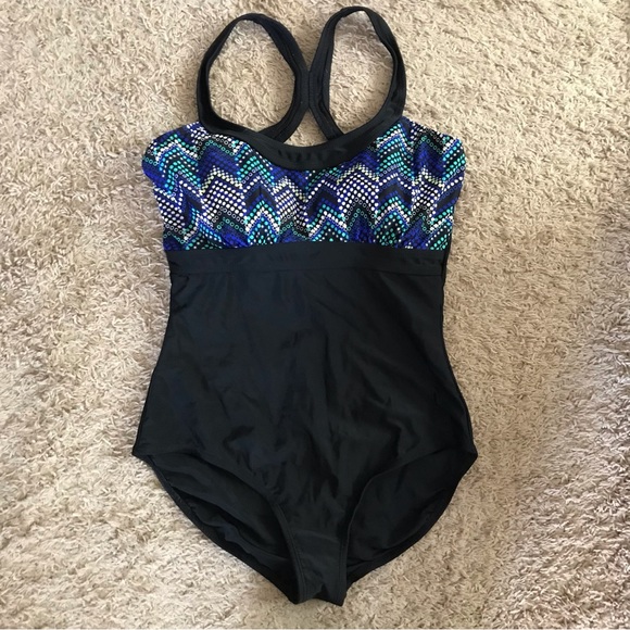 Body Concept Black Blue 1-pc Bathing Suit Swimsuit Plus Size 14 L Large Modest - Picture 2 of 16